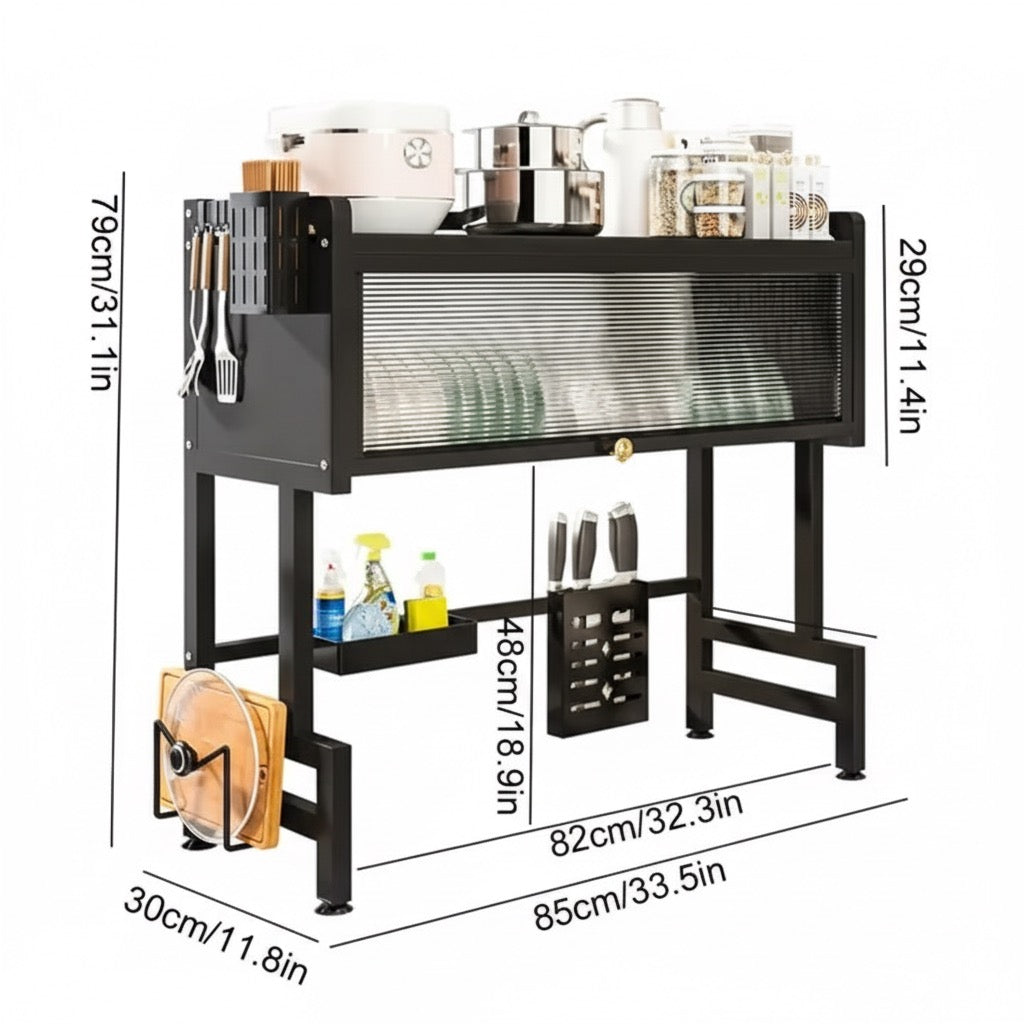 Modern Multifunctional Kitchen Storage Rack with Sliding Door | Dish Organizer & Utensil Holder