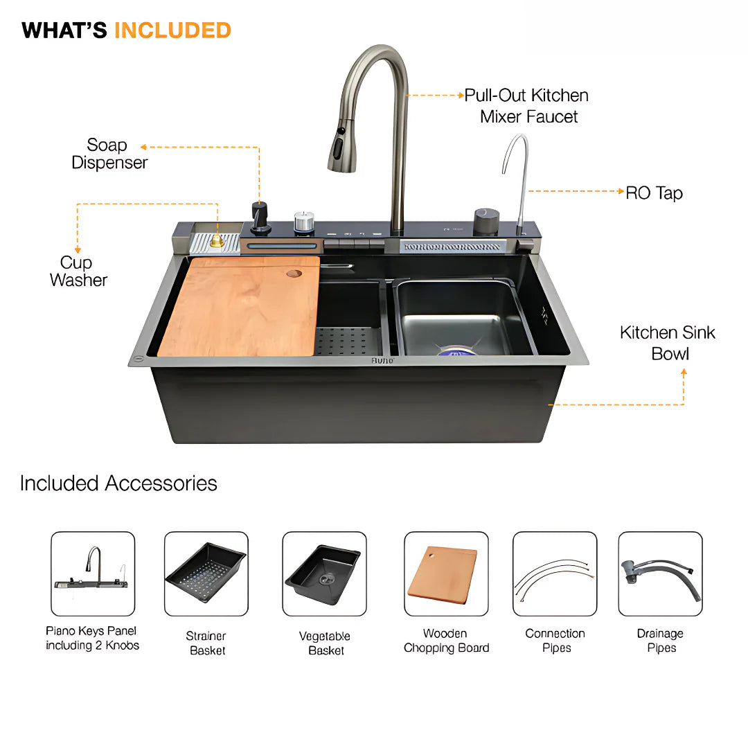 Piano Kitchen Sink – 5 button – Honey Comb – Waterfall