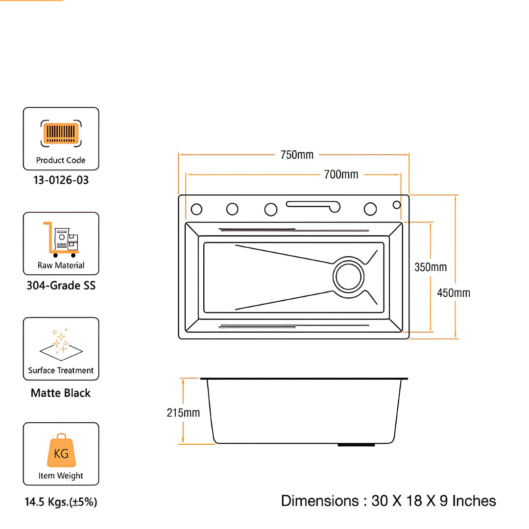 Piano Black 304-Grade SS Smart Kitchen Sink with dimensions and specifications on a white background.