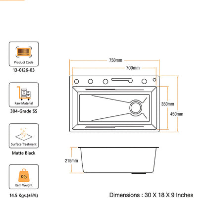 Piano Black 304-Grade SS Smart Kitchen Sink with dimensions and specifications on a white background.