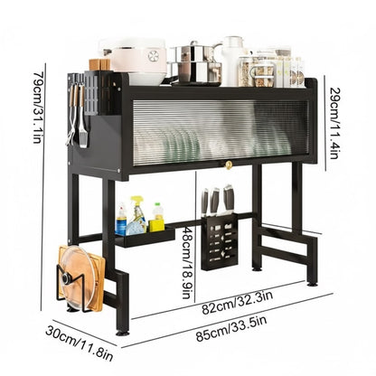 Modern Multifunctional Kitchen Storage Rack with Sliding Door | Dish Organizer & Utensil Holder
