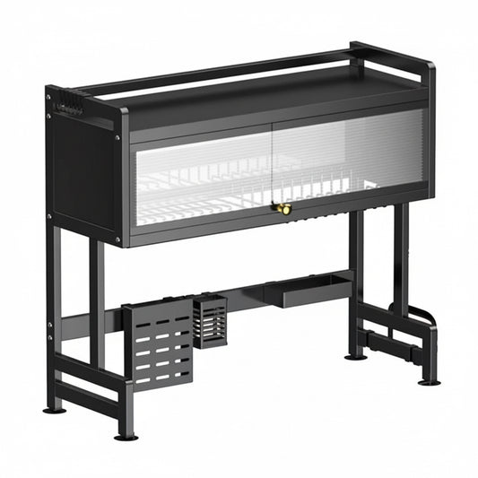 Modern Multifunctional Kitchen Storage Rack with Sliding Door | Dish Organizer & Utensil Holder