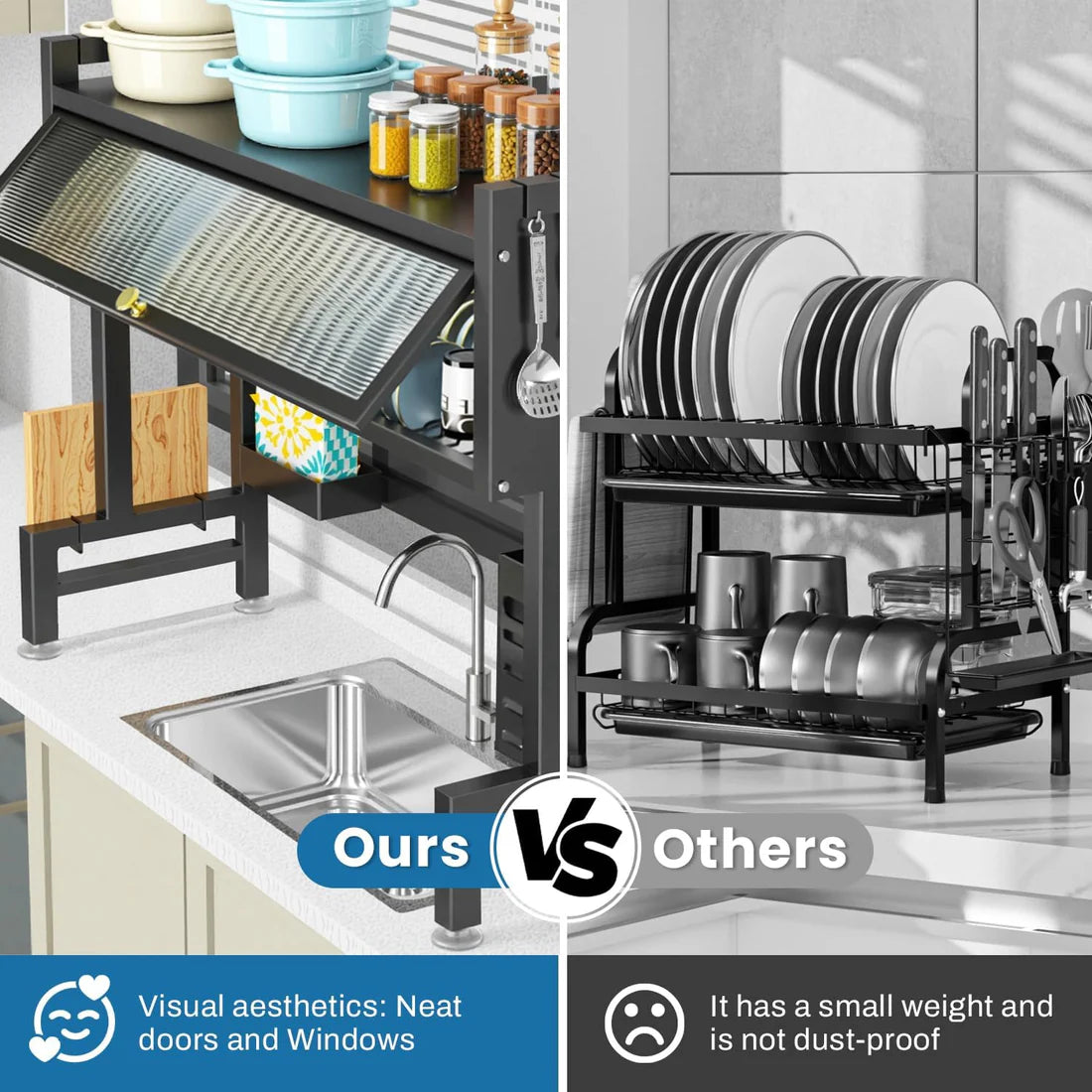 Modern Multifunctional Kitchen Storage Rack with Sliding Door | Dish Organizer & Utensil Holder