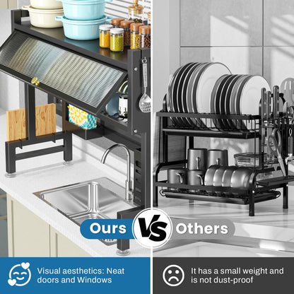 Modern Multifunctional Kitchen Storage Rack with Sliding Door | Dish Organizer & Utensil Holder