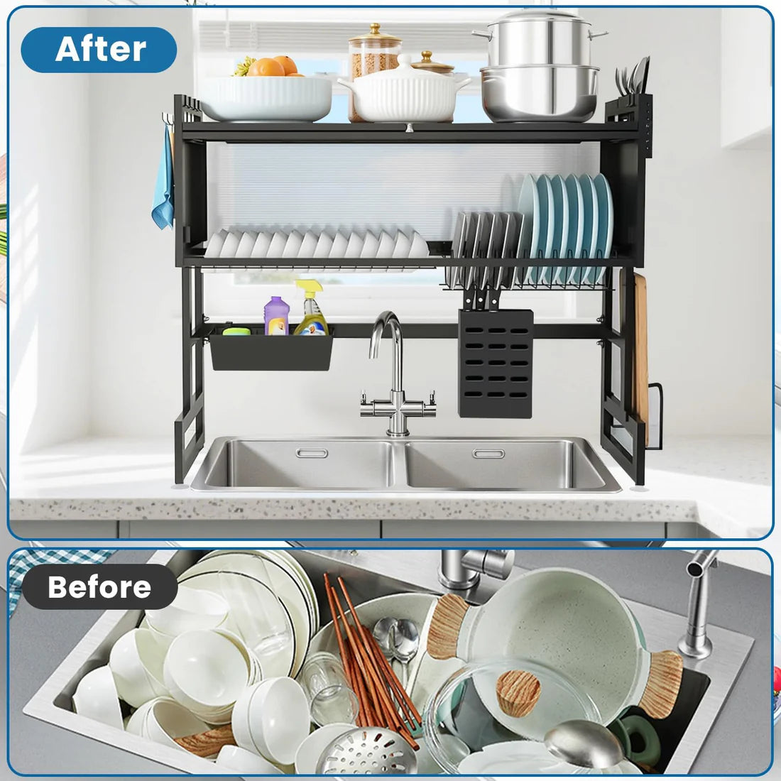 Modern Multifunctional Kitchen Storage Rack with Sliding Door | Dish Organizer & Utensil Holder