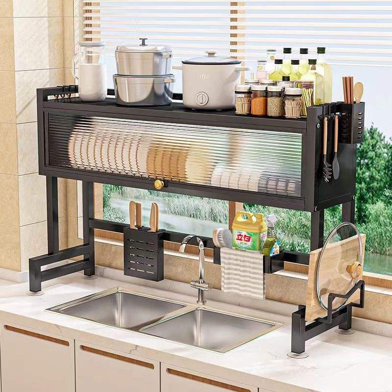 Modern Multifunctional Kitchen Storage Rack with Sliding Door | Dish Organizer & Utensil Holder