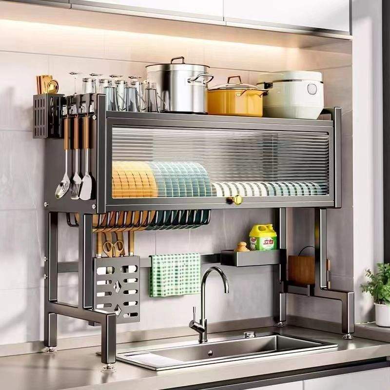 Modern Multifunctional Kitchen Storage Rack with Sliding Door | Dish Organizer & Utensil Holder