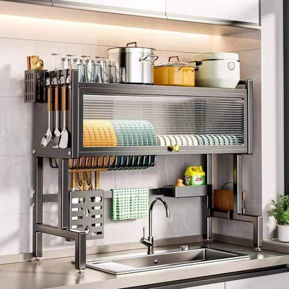 Modern Multifunctional Kitchen Storage Rack with Sliding Door | Dish Organizer & Utensil Holder