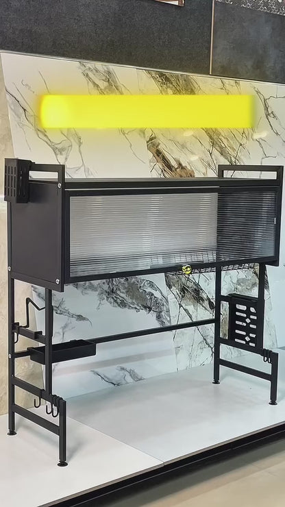 Modern Multifunctional Kitchen Storage Rack with Sliding Door | Dish Organizer & Utensil Holder